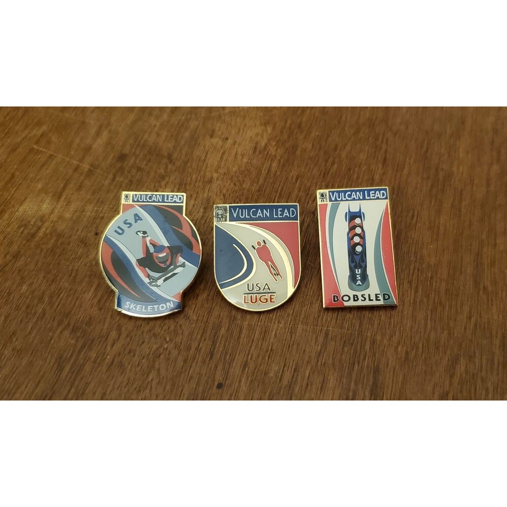 Olympics Lapel Pins Vulcan Lead Sponsorship Set Of 3 USA Luge Bobsled Skeleton